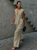 MQTIME  -  Fashion Solid Elastic Waist Wide Leg Loose Pants Suit Women Sleeveless Off Shoulder Ruffles Deep V-neck Top Sets New Street Wear