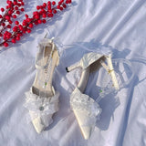 MQTIME  -  Women Summer Shoes Pointed Shoes White Bow Bridal Wedding Shoes Y2K Heels Lolita Cosplay Heels High Heels Elegant Party Shoes