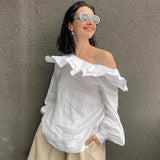  MQTIME  -  European and American Commuter Women's French Style White Cotton Ruffled Asymmetric Collar Shirt