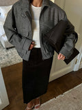 MQTIME  -  Women's Autumn Grey Zipper Outwear Jackets Solid Loose Patchwork High Waist Cropped Top Coat Streetwear Chic Casual Lady Tops