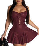  MQTIME  -  Women's Faux Leather Lace-Up Corset Dress, Sleeveless Pleated Bodycon, Mini PU Dress, Sexy Steampunk Club Wear