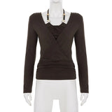 MQTIME  -  Y2K Grunge Solid Long Sleeve Fake Two T-shirts Vintage Fashion Beads Halter Pullover Tops 90s Women Basic Street T-shirt