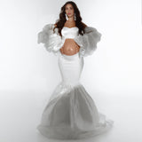 MQTIME  -  Hot Sale White Mermaid Maternity Dress Photoshoot 3 Pieces Pregnancy Outfit Set Dress Puffy Sleeve Baby Shower Photo shoot Props