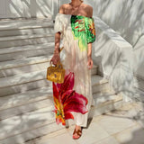 MQTIME  -  Summer Casual Vacation Pleat Maxi Dress Elegant Puff Sleeve High Waist Party Dress Fashion Slash Collar Off Shoulder Print Dress