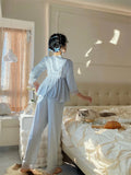 MQTIME  -  Spring New Lace Pajamas Suit Princess Style Nightwear  Rayon Stain Solid Long Sleeve Deep V-Neck Home Clothes
