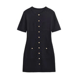 MQTIME  -  Gold Button Pocket Knitted Short Dresses Solid Color Round Neck French Simple Slimming Fashion Single Breasted Straight Dress
