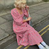  MQTIME  -  Spring New Product Red Plaid Square Collar Five-quarter Sleeve Lace-up Dress Women's Casual Dress
