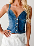 MQTIME  -  Women s Sleeveless Denim Vest with Deep V Neck and Open Back Detail  Fit Button-up Tank Top for Summer Streetwear Fashion