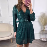 MQTIME  -  Women Elegant Office Slim Sequins Dress Fashion 2025 Glitter V-Neck Belt Party Dress Temperament Spring Long Sleeve Pleat Dress