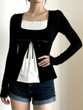  MQTIME  -  French Sweet Patchwork Contrast Color Fake Two Piece Slim Square Collar Long Sleeve Slim T-Shirts
