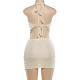 MQTIME  -  Sheel Tassel Vacation Beach 2 Piece Set Women Fashion Lace Up Halter Backless Irregular Tank Tops + Mini Skirts Casual Suits