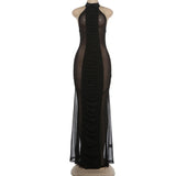 MQTIME  -  Ruched Patchwork See Through Mesh A-line Maxi Dress Women Sexy Halter Backless Bodycon Night Clubwear Party Long Robe Beachwear