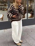 MQTIME  -  Autumn Winter New Fur Soft Button Jumpers Vintage Stripe Print Long Sleeve Cardigans Elegant V-neck Women's Commute Sweater Coat