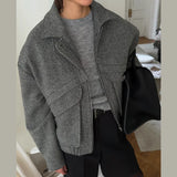 MQTIME  -  Women's Autumn Grey Zipper Outwear Jackets Solid Loose Patchwork High Waist Cropped Top Coat Streetwear Chic Casual Lady Tops