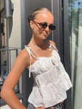 MQTIME  -  Women Fashion White Hollow Out Sling Top Sexy Tie Straps Button Front Peplum Hem Vest Summer Y2k Street Holiday Shirts