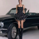 MQTIME  -  Elegant Sweet Sexy French Black Floral Print Ruffle Tiered Slim Fit Cami Mini Dress Women Square Neck Party Clubwear Daily Wear