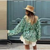 MQTIME  -  ﻿ Luxury Sequin Oversized Wrap Jacket Fringe Trim Tie-Waist V-Neck Sparkly Coat Women's Casual Party Club Streetwear Outfits