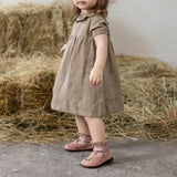 MQTIME  -  Summer Cotton Linen Ruffled Crew Neck Girls Dress New Casual Loose Ruched Back Wooden Buttons Short Sleeve Linen Dresses