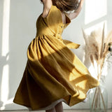 MQTIME  -  Vintage Cotton Linen Girls Sleeveless Dress Chic Open Back Buttons Bandage Bow Sweet Loose Wending Evening Party Dresses