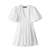 MQTIME  -  Solid Floral Embroidered Voluminous Mini Dress V-Neck Puff Sleeve White Tutu Mini Dress Woman Elegant Party Holiday Wear