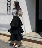 MQTIME  -  Korean Style Summer Women's Dress Lady Stretchy Tiered Dress for Travel Female Ruffled Hem Knitted Midi Dress Sweet Cake Dresses