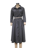 MQTIME  -  Elegant Blue Stripe Skirt Sets for Women 2 Pieces Fashion Long Sleeve Button Short Shirt and High Waist Pleated Skirts