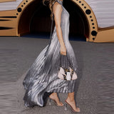  MQTIME  -  Fashion Metallic Pleated Solid Long Dress Casual Sleeveless Backless Loose Party Dress Women Sexy Hollow Out Halter Swing Dress