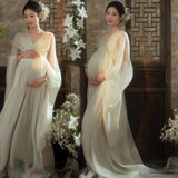  MQTIME  -  Women Maternity Dress for Photography Retro White Elegant V-neck Long Dress Pregancy Clothes for Studio Photo Shooting Clothing