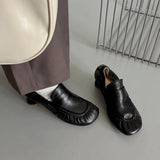 MQTIME  -  New Retro Pleated Round Toe Deep Mouth Single Shoes for Women Simple Slip on High Heel Loafers Soft Commuter Leather Shoes Daily