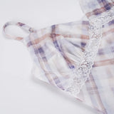 MQTIME  -  Y2k Plaid Gauze V Neck Spaghetti Strap Sexy Backless Patchwork Short Women's Dress