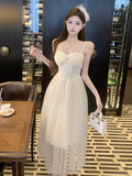 MQTIME  -  Women Dresses Lace Patchwork Mesh Sleeveless Slim Backless Sweet Elegant Temperament Party Dress Female Fashion