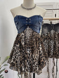 MQTIME  -  Y2k Lace-up Bandage Leopard Patchwork Sheer A-LINE Sleeveless Strapless Vest