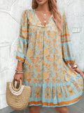 MQTIME  -  Women's Bohemian Printed Dress V Neck Chic Short Dress Loose Fit Viscose Holiday Dresses Femme Hippie Vestidos