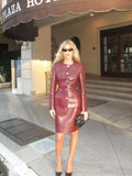 MQTIME  -  New Burgundy Pu Leather Skirt Sets Elegant O-neck Single Breasted Slim Jackets 2 Piece Suit Female Office High Streetwear