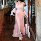 MQTIME  -  French Lace three-dimensional Floral texture Pink Spaghetti Strap Dress For Women, Summer Tulle Fishtail Long Dress