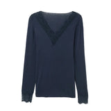  MQTIME  -  Slim Lace Patchwork Women's Top Sexy V-neck Long Sleeve Solid Female Pullovers Autumn Winter New Lady All-match T-shirts
