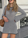 MQTIME  -  Women Bodycon Knitted Dress Striped Round Neck Long Sleeve Casual Fall Short Dress