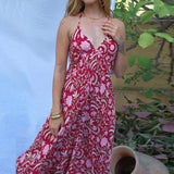 MQTIME  -  Vintage Floral Print Halter Women's Long Dress Fashion Hollow Out Backless Party Dress Bohemian Sleeveless Suspender Sexy Dress