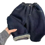 MQTIME  -  Kids Boys Jeans New Winter Solid Color Plus Fleece Toddler Kids Girls Harem Pant New Winter Plaid Little Boys Demin Pant