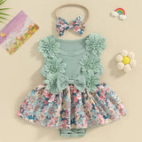 MQTIME  -  New Girl's Pit Strip Lace Splicing Flower Full Printed Flying Sleeve Jumpsuit Princess Style Cartoon Cute Climbing Dress