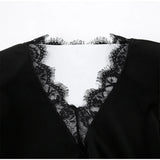 MQTIME  -  Women's Black Bodycon Mini Dress Lace Cutout Neck Long Sleeve Lace Trim Slim Fit Elegant Party Evening Casual Fashion Lady Dress