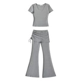 MQTIME  -  Woman 2 Piece Set Outfit Solid Color Short-sleeved T-shirt Lace-up Bootcut Culottes Long Pants Two Piece Outfits Simple Style