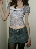 MQTIME  -  American Vintage Flower Print Bow Gauze Sexy Sheer Fake Two Piece Y2k Square Collar Short Sleeve Women's T-shirts
