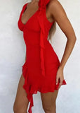 MQTIME  -  Summer Sexy Girl V-Neck Solid Mesh Tassel Mini Dress New Style Fashion Slimming Sweet Asymmetrical Ruffled Dresses for Women