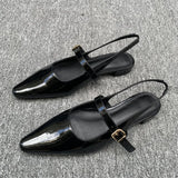 MQTIME  -  Sling Back Black Flats Shoes Women Pointed Toe Low Heels Elegant Mary Janes Glossy Pu Leather Buckle Strap Soft Ladies Shoes