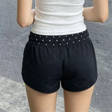  MQTIME  -  Women's Casual Summer Shorts with Polka Dot Elastic Waist With Floral Embroidery Drawstring Tie Side Pockets Loose  Mini Bottoms
