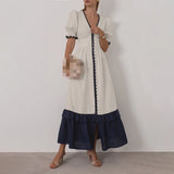 MQTIME  -  New Linen Contrast Cardigan Dress Design Sense Ruffle Sleeve Temperament Waist Slit Long Skirt