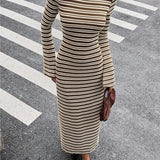 MQTIME  -  Slim Fit Knitted Long Sleeve round Neck Bell Bottom Striped Dress Cross Border New Style Fresh Sweet Style Casual Dress
