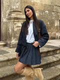 MQTIME  -  Women Pleated Skirt Set 2 Piece Autumn Women Denim Bomber Jacket Hight Street Side Zipper Sexy Short Skirt Set Women Outfit