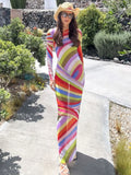MQTIME  -  Colorful Stripe Maxi Dress Women Chic Off Shoulder Long Sleeve Tulle See Through Slim Dresses Summer Lady Vacation Robes